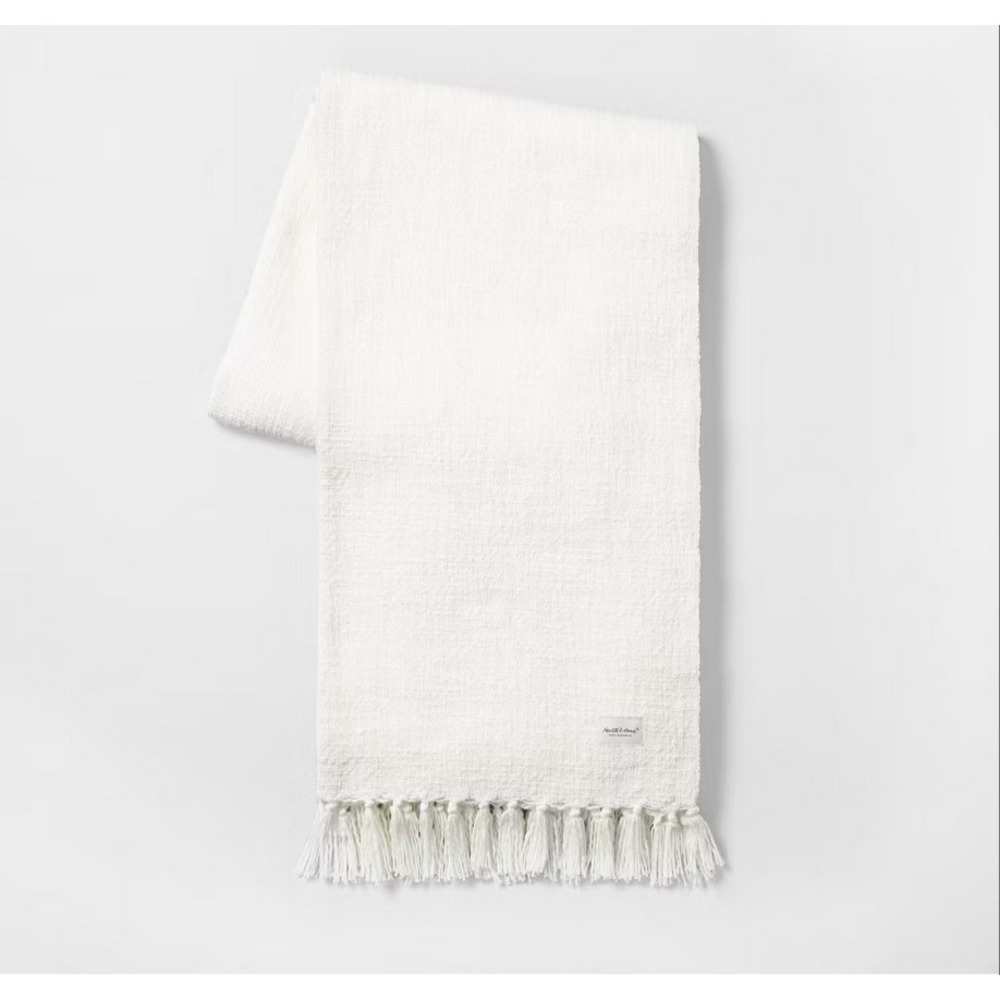 Hearth & Hand Magnolia Throw Blanket Hand Knotted Fringe Creamy White Cotton New